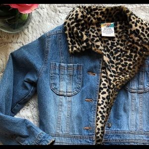Girls Jean Jacket with Leopard Faux Fur Lining